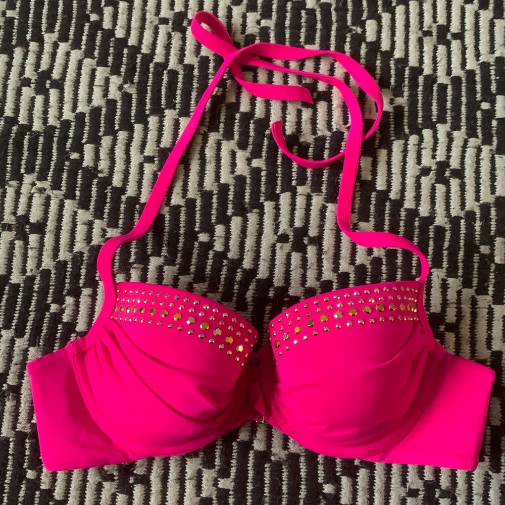 Victoria's Secret Bikini Top Close Up Halter Top Hot Pink Gold Studs 34B